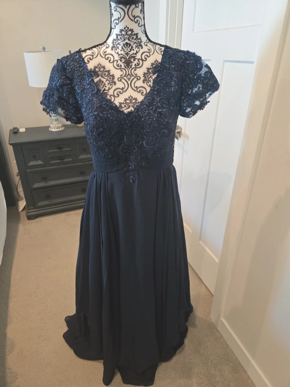 Elegant Navy Lace Bodice Evening Dress